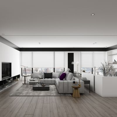 现代北欧客厅沙发茶几壁炉雕塑