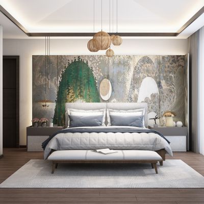 现代新中式卧室床床头柜藤编吊灯