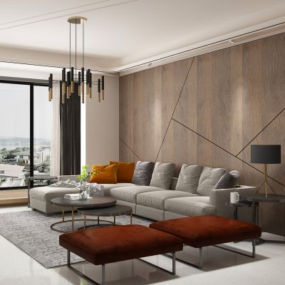 现代客厅转角沙发沙发凳茶几角几吊灯