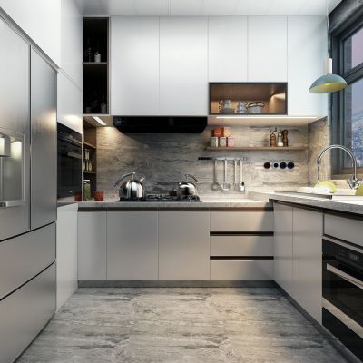 现代厨房橱柜灶具不锈钢锅冰箱