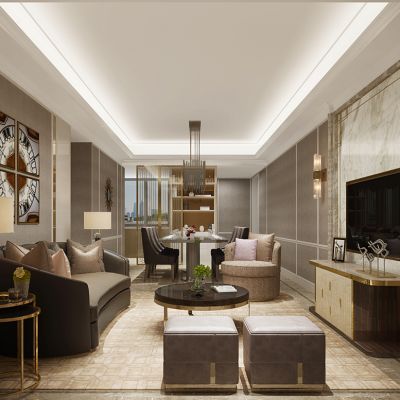 现代简欧轻奢客厅餐厅沙发电视柜