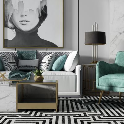 现代轻奢简欧式客厅沙发茶边几台灯