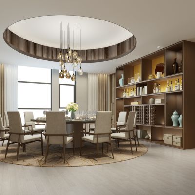 新中式港式餐厅桌椅吊灯酒柜