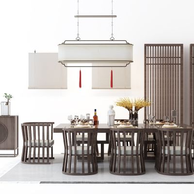中式餐桌椅屏风吊灯组合