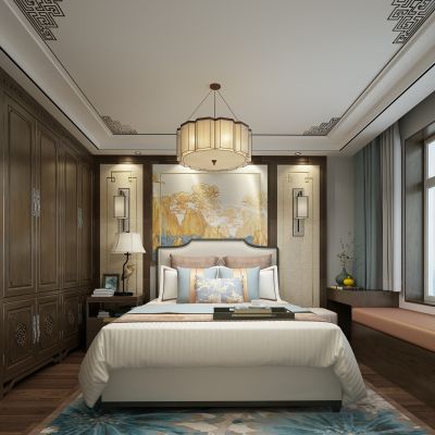 新中式卧室床衣柜