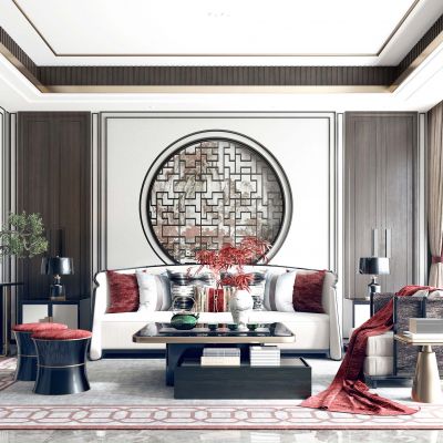 新中式客厅沙发茶几电视柜单人沙发边几玄关摆台盆景花瓶圆形花格鼓凳沙发墩窗帘