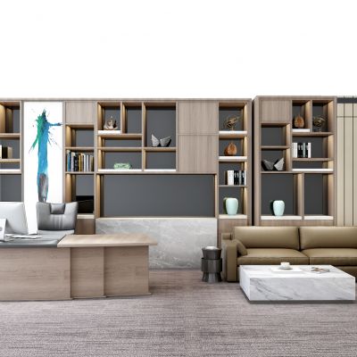 现代老板台书柜沙发组合