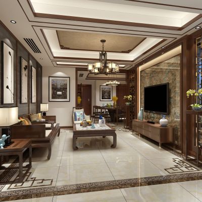 中式客厅沙发茶几电视柜花架