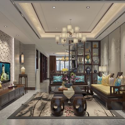 新中式客餐厅中式实木家具花架