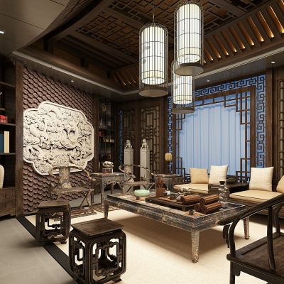 中式会客厅古典实木罗汉床椅子花凳龙浮雕