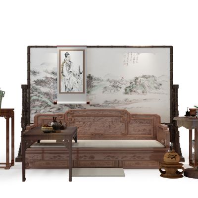 现代罗汉床中式屏风