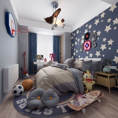 北欧现代儿童房男孩房卧室暖气足球滑板车篮球框飞机吊顶