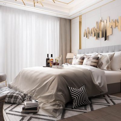 后现代简欧式轻奢卧室床床头柜台灯红酒电视柜