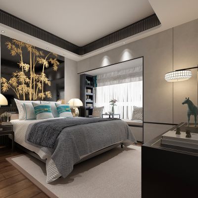 新中式卧室双人床床头柜马雕塑靠包抱枕