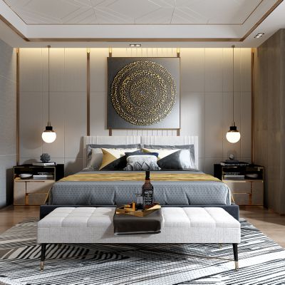 现代轻奢卧室床床头柜鼓凳化妆台梳妆台