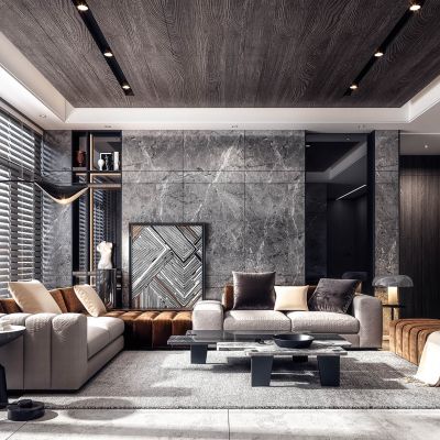 现代轻奢客厅转角沙发落地灯沙发墩凳踏边几