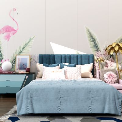 北欧现代法式简欧式儿童女孩房公主房卧室床休闲椅床头柜椰子树雕塑