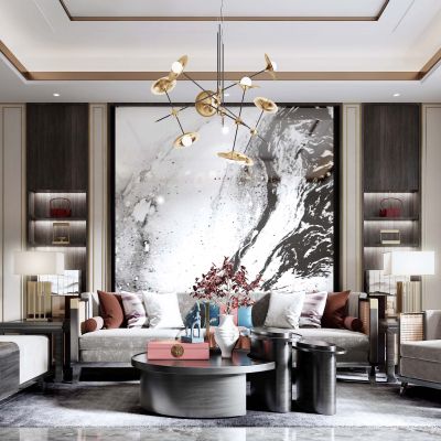 新中式客厅沙发茶几单人沙发凳墩踏花瓶喇叭吊灯窗帘