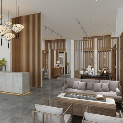 新中式茶楼餐厅吊灯沙发茶几