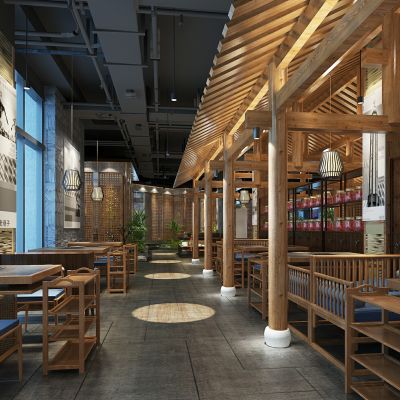 新中式火锅店餐厅木梁架备餐柜