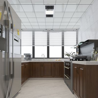 简欧厨房，橱柜，集成灶，厨具，双开门冰箱