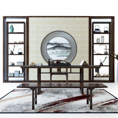 中式书桌茶几屏风组合