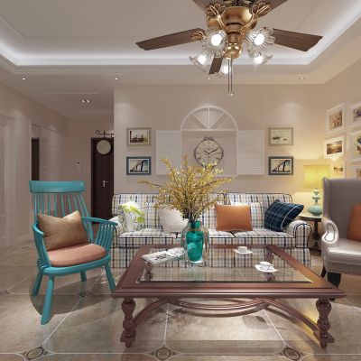 欧式田园客厅沙发茶几风扇灯