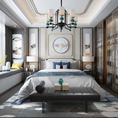 新中式卧室双人床飘窗床头柜吊灯衣柜床尾凳