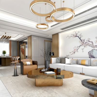 现代新中式简欧轻奢客厅餐厅沙发茶几餐桌椅