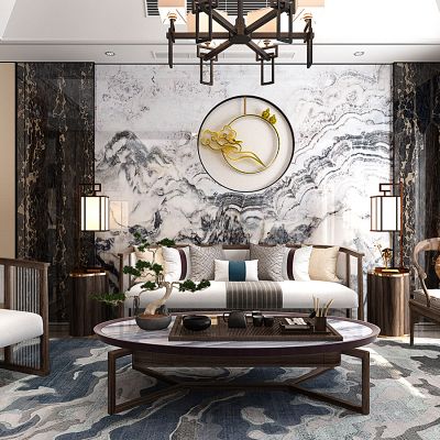 新中式客厅沙发茶几窗帘躺椅摆件