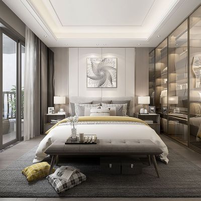 现代轻奢新中式卧室双人床床头柜抱枕衣柜床尾凳