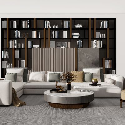 现代轻奢客厅转角沙发茶几单人沙发椅子书柜