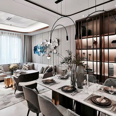 后现代轻奢客餐厅沙发茶几餐桌椅酒柜挂饰