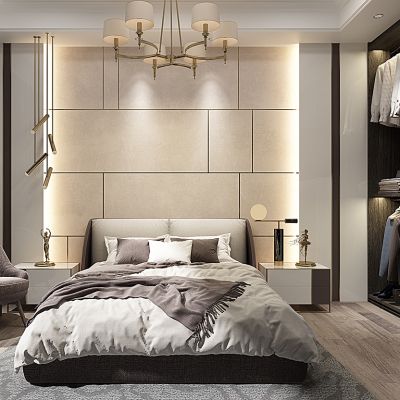 现代轻奢卧室床床头柜衣柜休闲椅边几