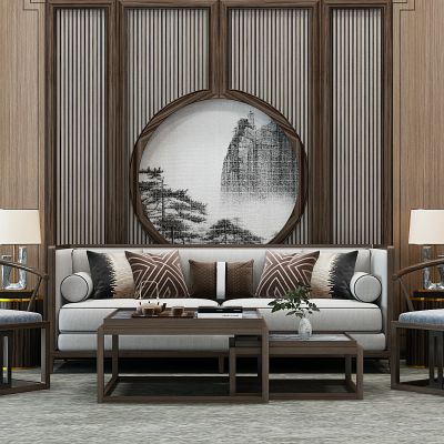 新中式客厅沙发茶几摆件椅子圈椅台灯屏风隔断