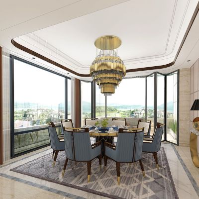 简欧式新古典餐厅圆形餐桌椅吊灯玄关柜餐边柜