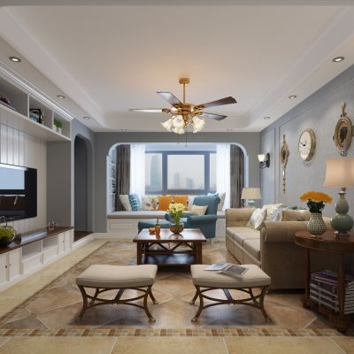 美式欧式地中海客厅沙发茶几边几挂钟