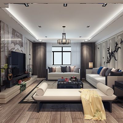 新中式客厅沙发茶几花瓶沙发凳