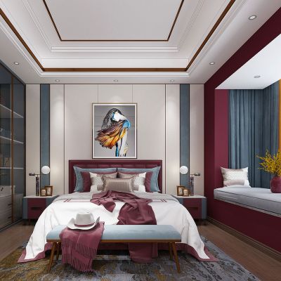 简欧式现代卧室双人床床头柜床尾凳飘窗衣柜