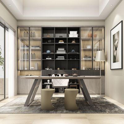 现代轻奢书房，书桌，书架，书柜