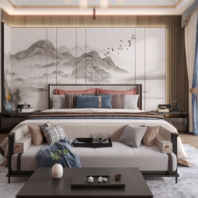 新中式卧室，卧室，衣帽间，