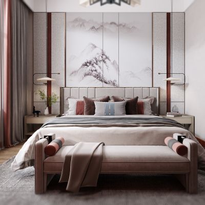 新中式卧室，卧室，