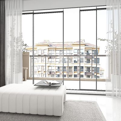 现代轻奢阳台玻璃推拉门，窗帘，阳台栏杆