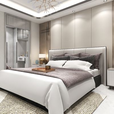 现代轻奢卧室，主卧，次卧，卧室背景墙，卧室床，储物柜