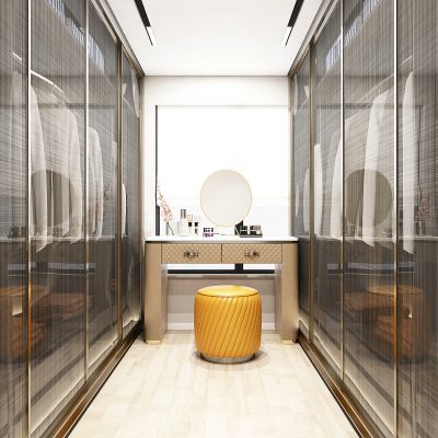 现代轻奢衣帽间，换衣间，玻璃衣柜，梳妆台，化妆台