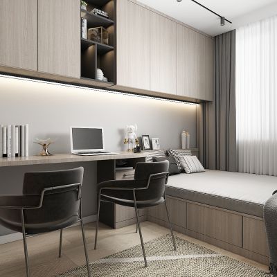 现代轻奢次卧，书房，儿童房榻榻米，书桌，卧室储物柜