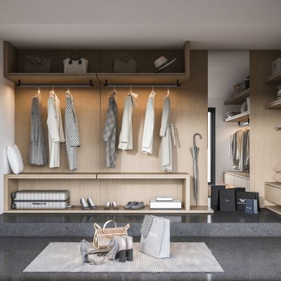 现代简约衣帽间鞋子衣物行李箱