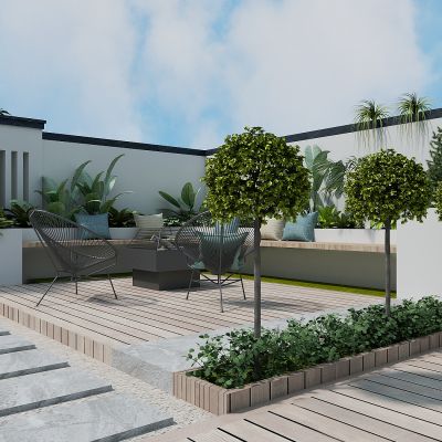 新中式庭院，花园，露台，休息台，休闲台，景观，绿植，树木，烧烤台，烧烤架