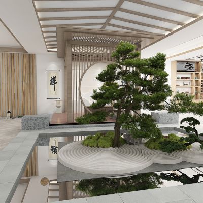 新中式茶室，门厅玄关端景观，圆弧拱门，干竹子装饰