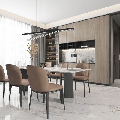 现代轻奢餐厅，酒柜，储物柜，玄关柜，鞋柜，餐桌，餐厅吊灯